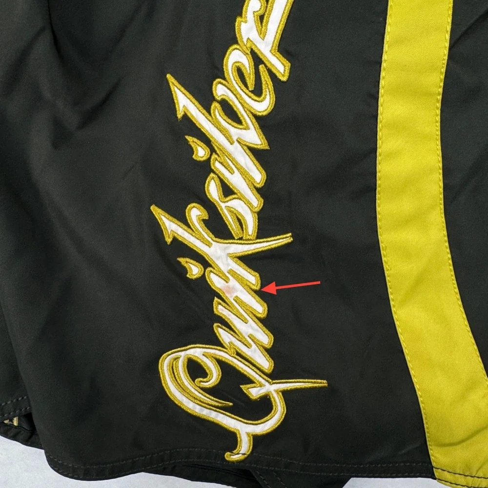 Vintage Quiksilver Boardshorts Mens 36 Olive Green Yellow Surf Swim Y2K Script